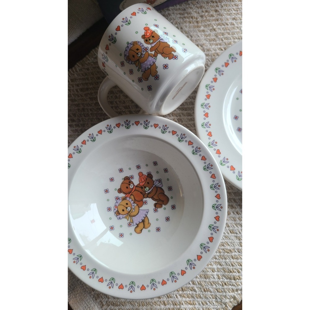 HanKook 3 Piece Ironstone Vintage Childrens Dish Set Kids plates dinner